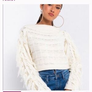 AKIRA OFF SHOULDER FRINGE SWEATER SMALL